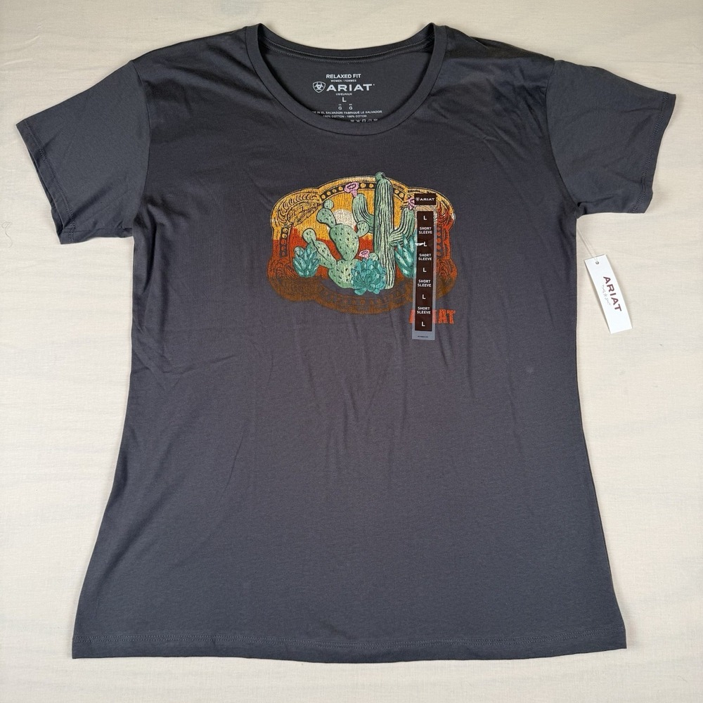 Ariat Women’s L Buckle Up Graphic T-Shirt Graphite Cactus Relaxed Fit NWT